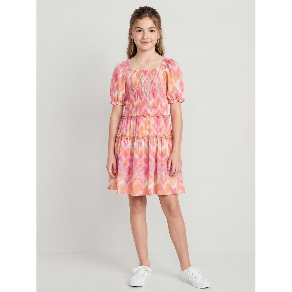 BCBG Girls Pink Orange White Abstract Smocked Puff Sleeve Fit & Flare 10-12